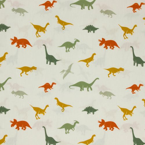 Ecru katoen met rode, gele en groene dinosaurussen
